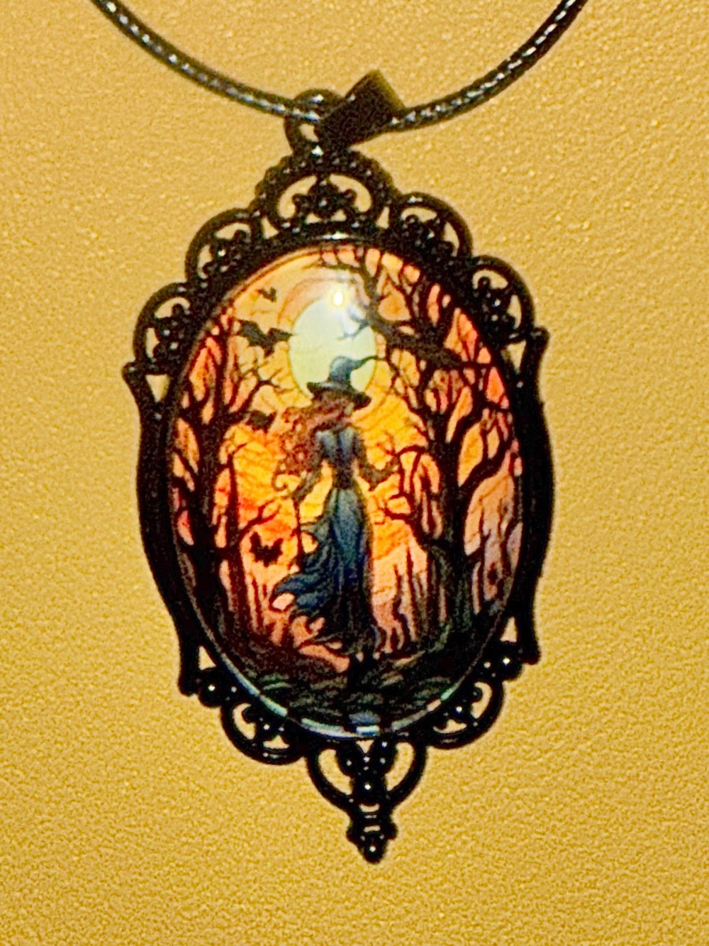 Witch Silhouette Orange Moon Pendant Necklace Halloween Goth